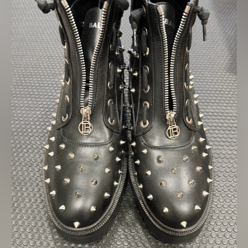 Balmain Black Studded Leather Combat Boots with Silver Hardware